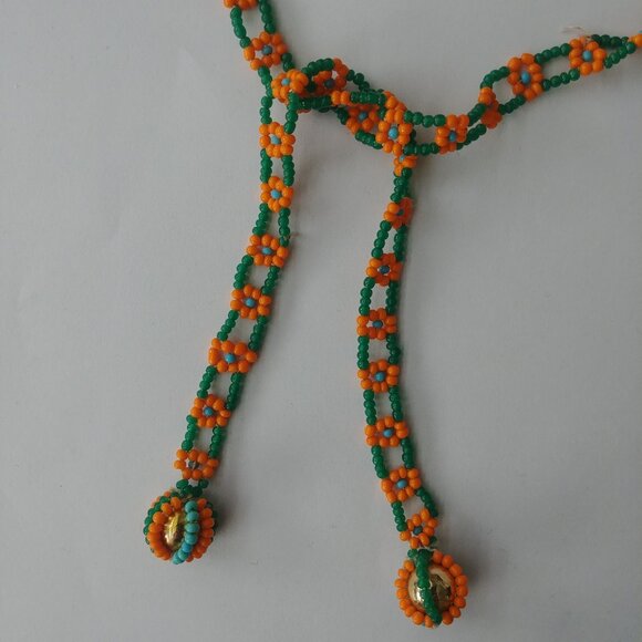 4/$20 Long beaded strand orange flowers green and blue tie necklace - Picture 1 of 9